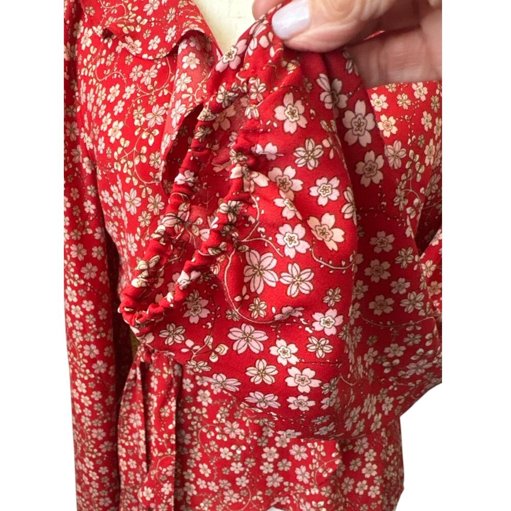 Max Studio Red Ditsy Print Ruffle V Neck Belted Blouse S - Picture 7 of 10